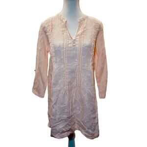 Marina Luna 100% Linen Embroidered‎ Tunic/Split V-neck/ Pastel Peach/ Boho Sm